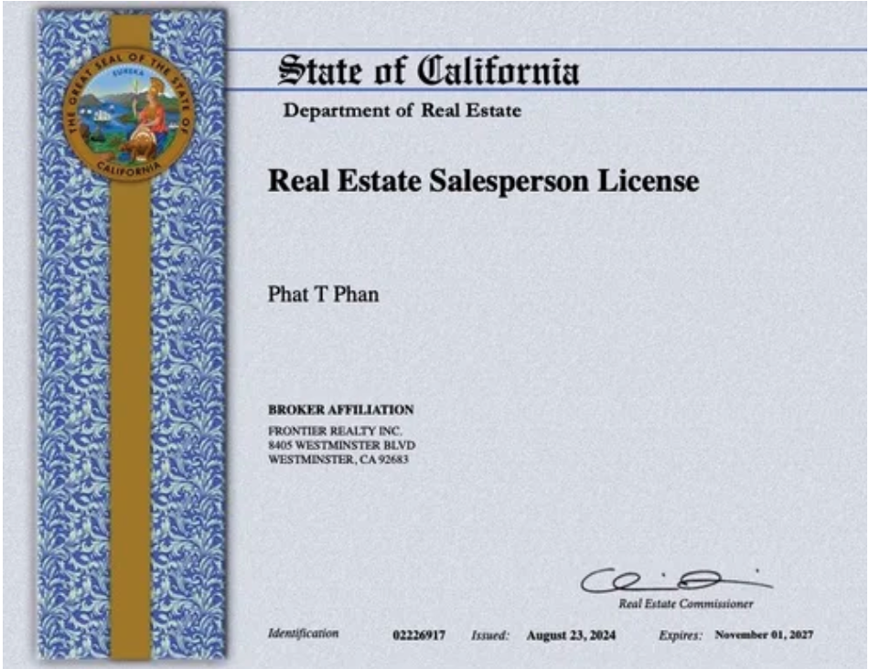 California Real Estate Salesperson License issued to Phat T Phan