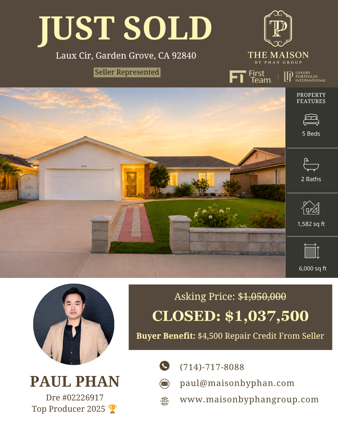 Just Sold — 13401 Laux Cir, Garden Grove, CA 92840 · Buyer represented by Paul Phan