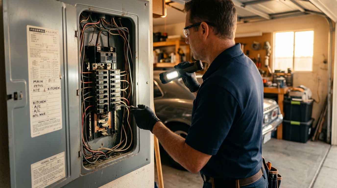 Home inspector checking an electrical panel in a 1960s home