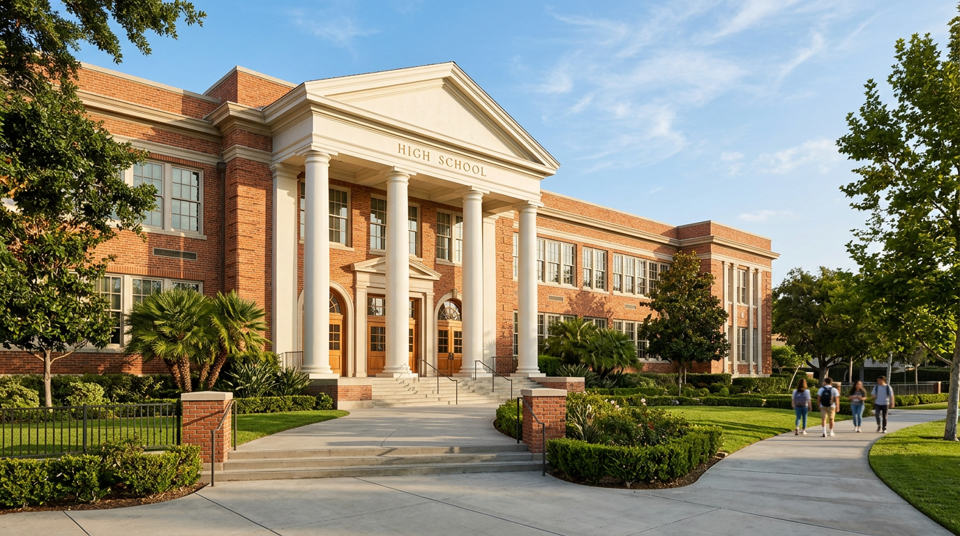 Classic architecture of a high school campus in the Anaheim Union High School District