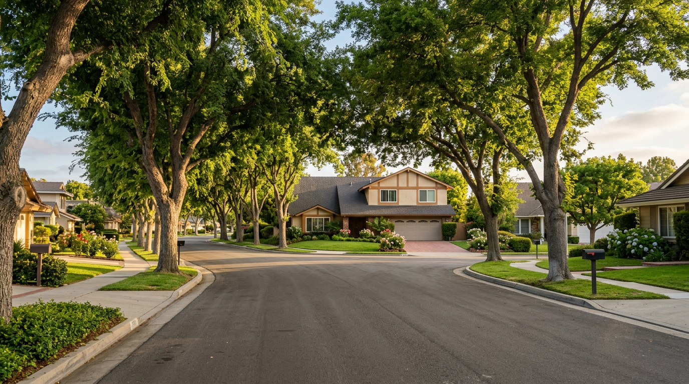 Tree-lined street in the Green Valley neighborhood of Fountain Valley