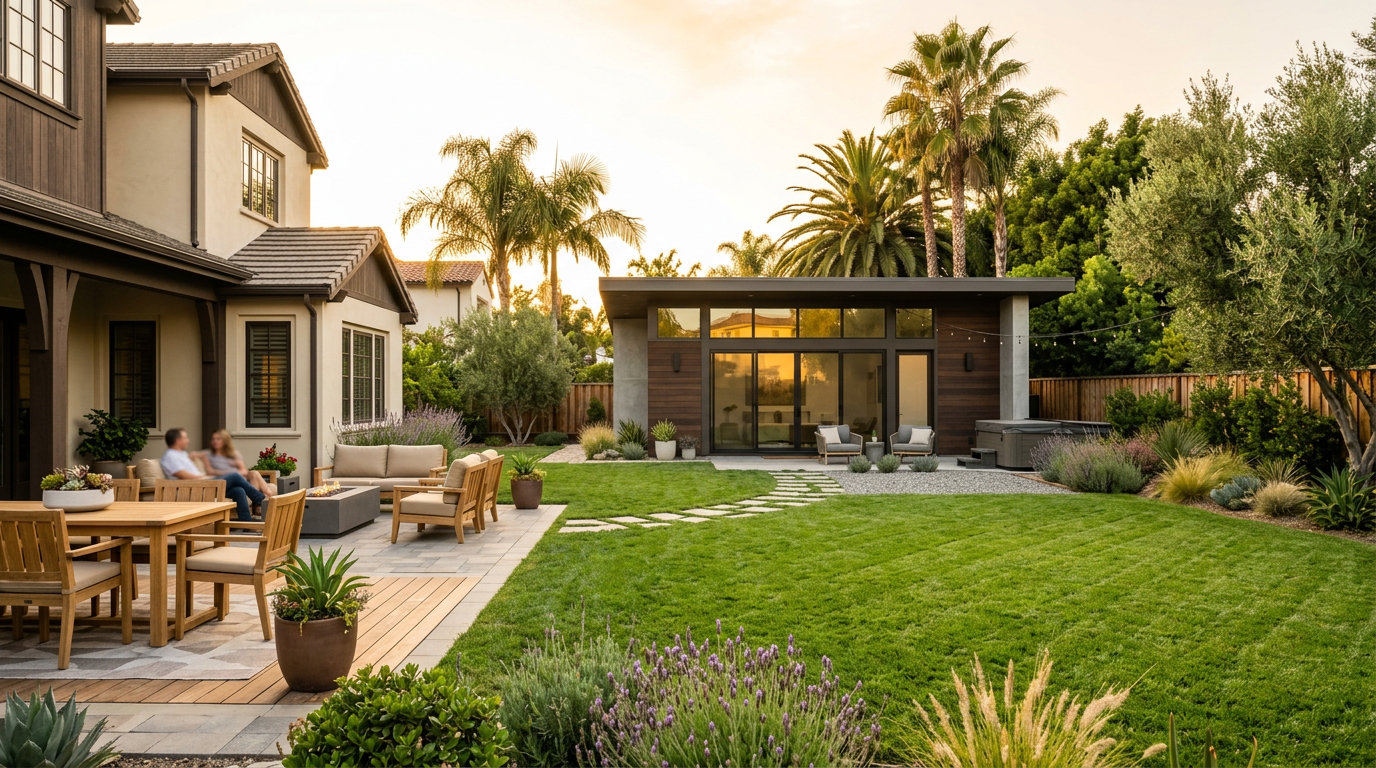Fountain Valley backyard featuring a newly built Accessory Dwelling Unit (ADU)