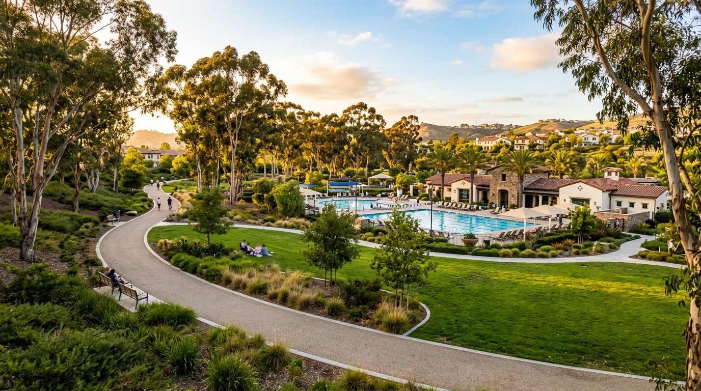 Community park and pool in the Green Valley neighborhood of Fountain Valley