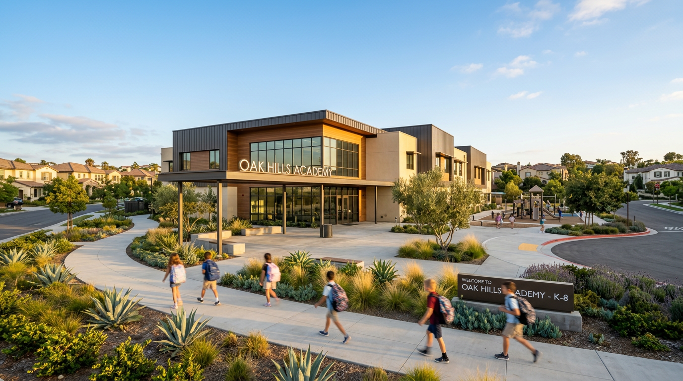 Modern Irvine Unified School District campus located within a Great Park neighborhood