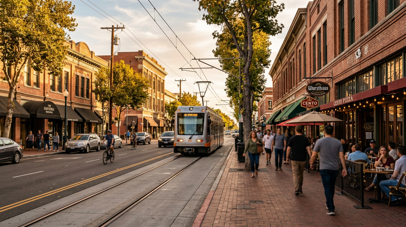 Downtown Santa Ana street scene with historic brick buildings