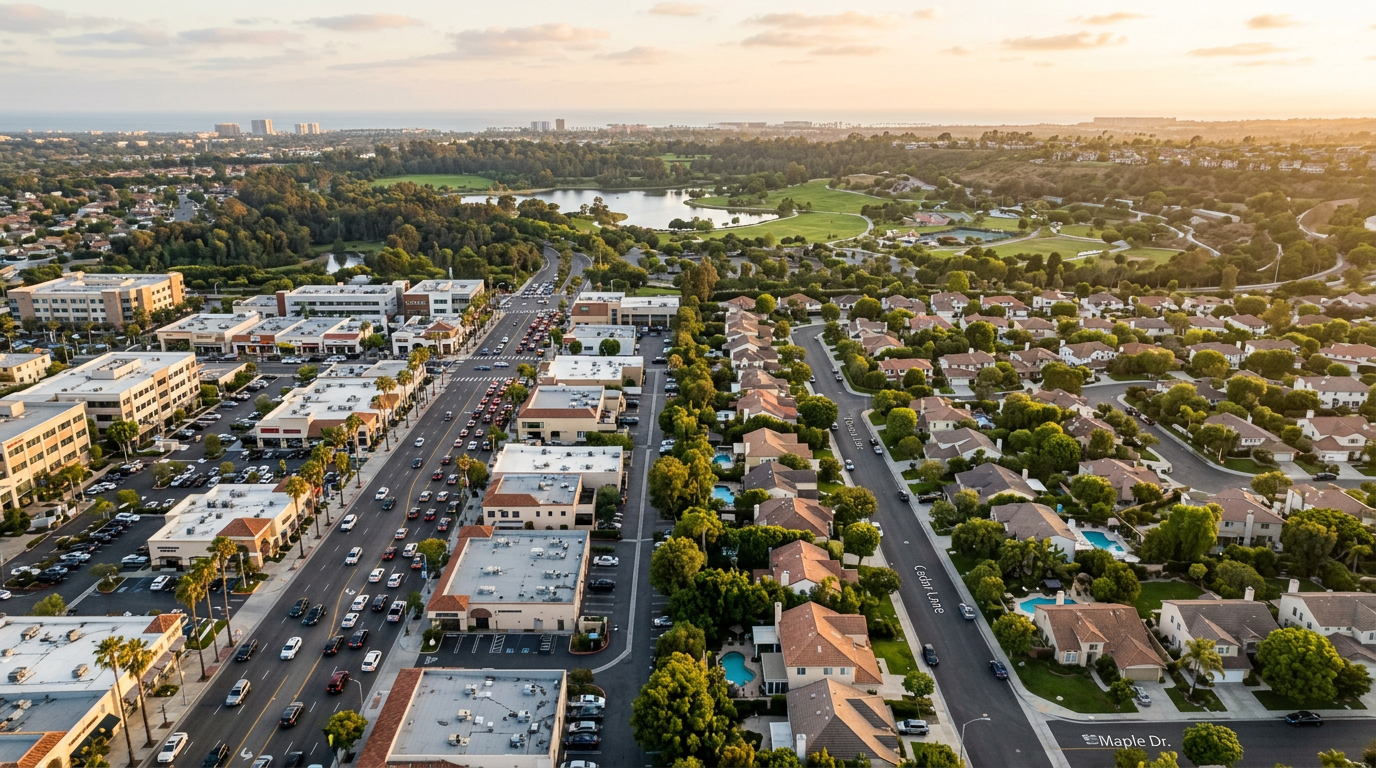 Aerial view of Fountain Valley residential tracts bordering commercial corridors