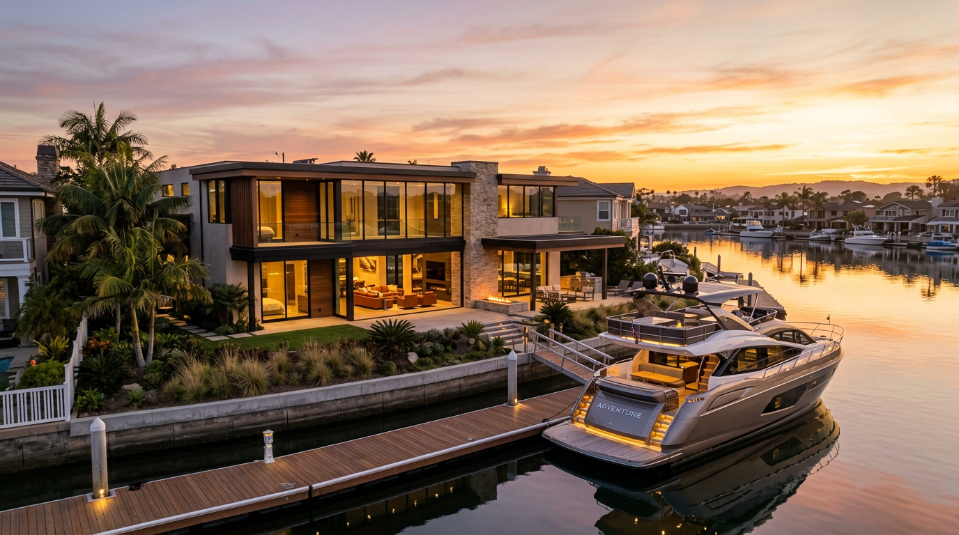 Waterfront luxury estate in Huntington Harbour with private boat dock