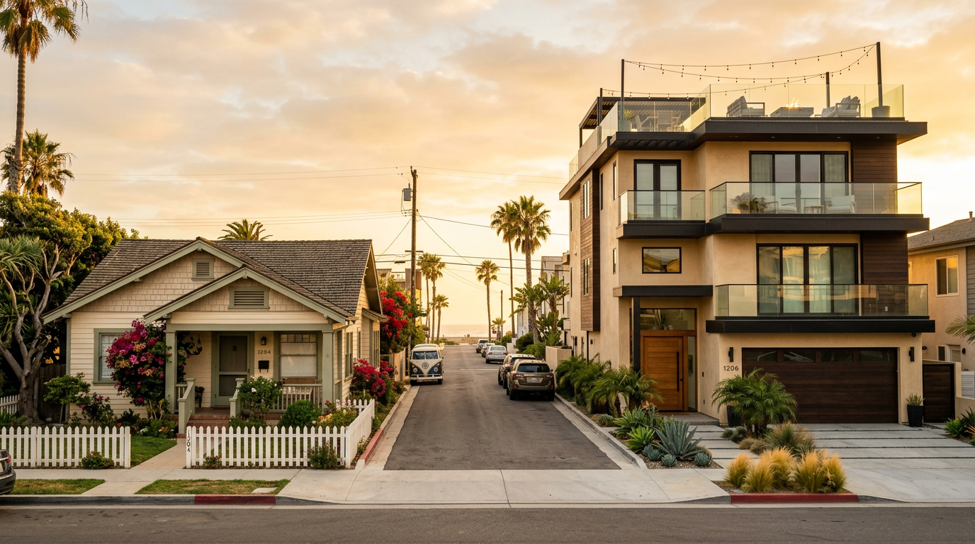 Architectural mix of homes on the Numbered Streets in Huntington Beach