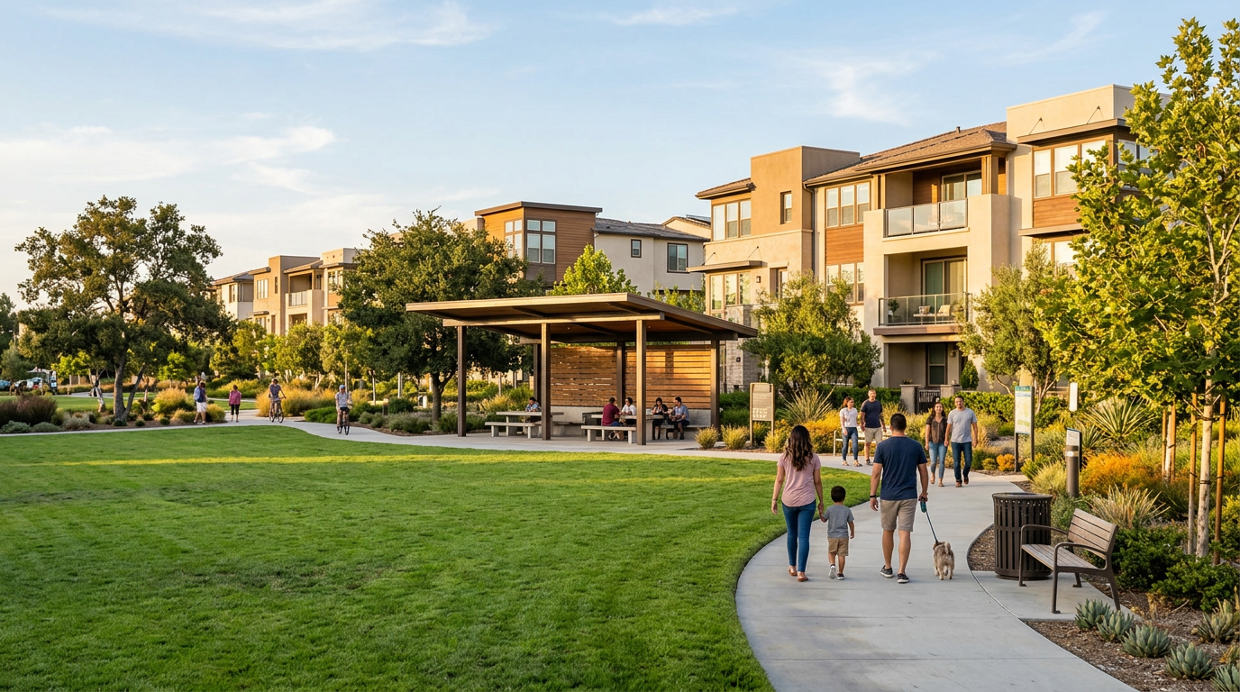 Community park and modern townhomes in Tustin Legacy