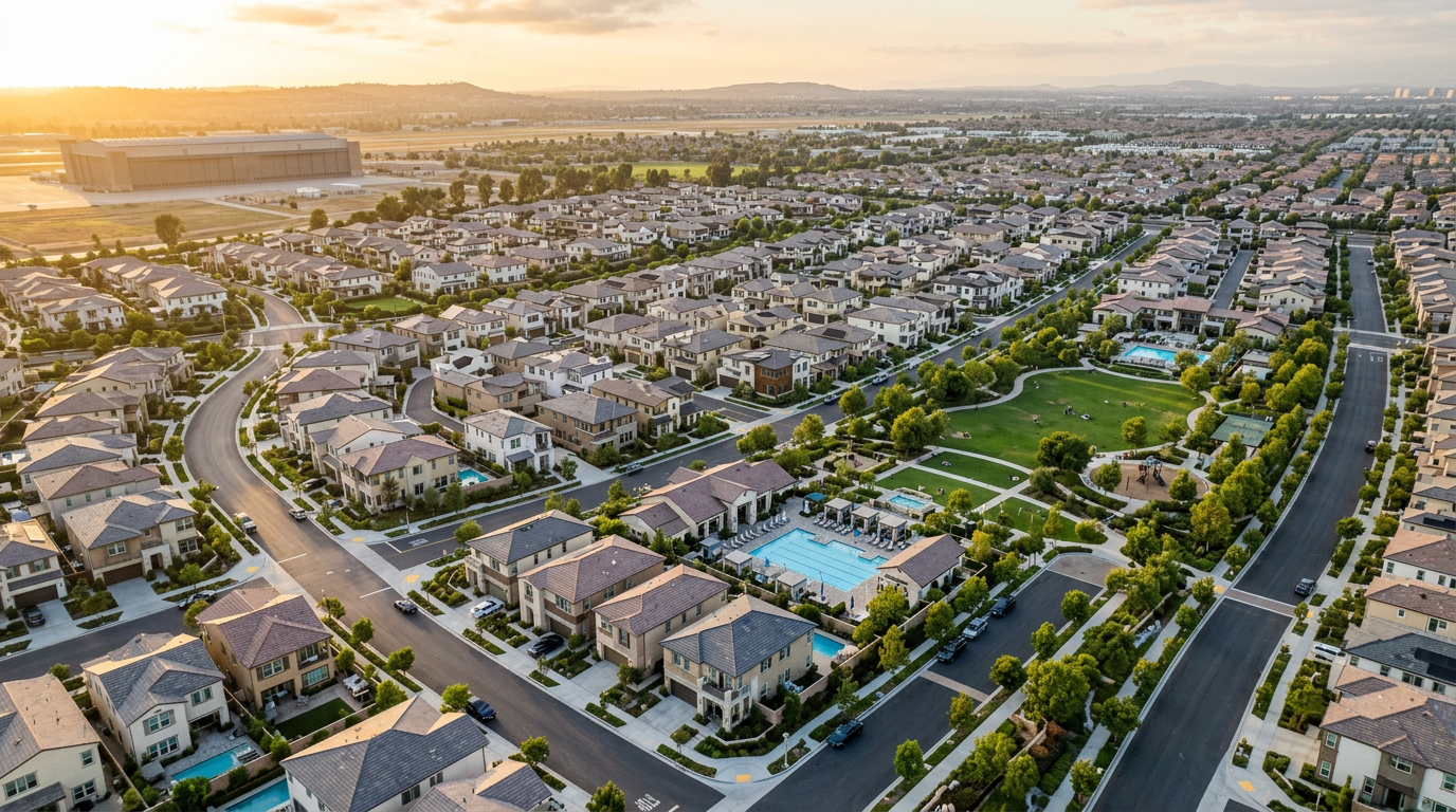 Góc nhìn từ trên cao của các cộng đồng quy hoạch tổng thể xây mới tại Orange County