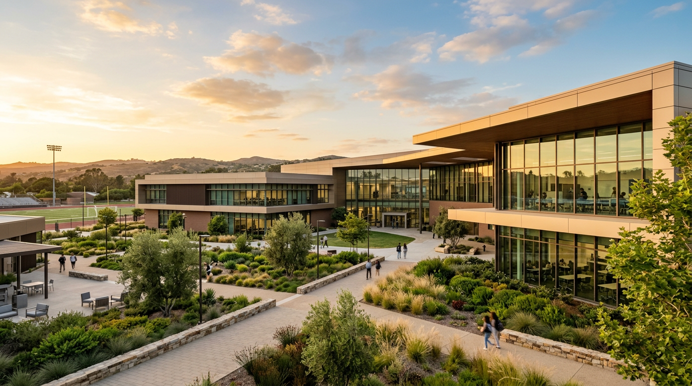 Ngoại thất hiện đại của một khuôn viên trường trung học trong khu vực Great Park ở Irvine.