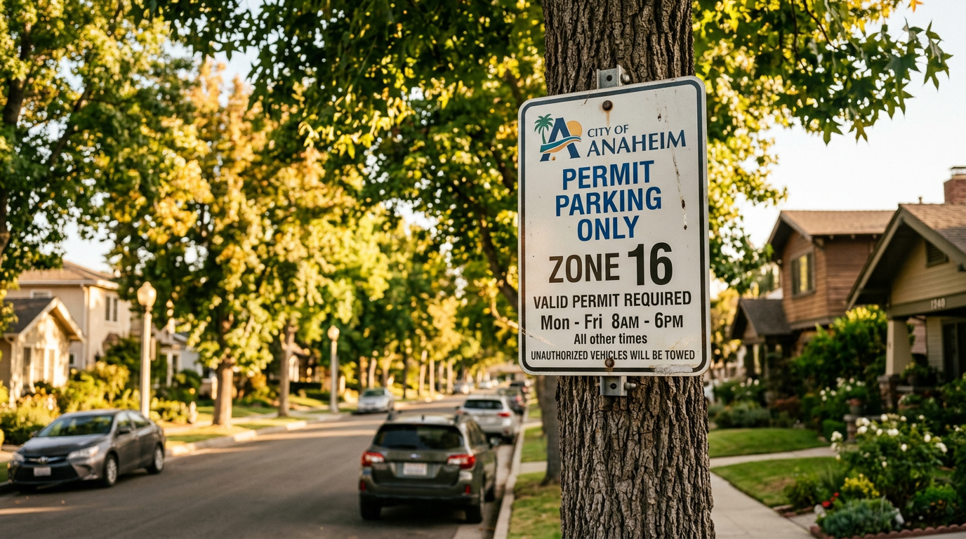 City of Anaheim residential permit parking sign on a neighborhood street