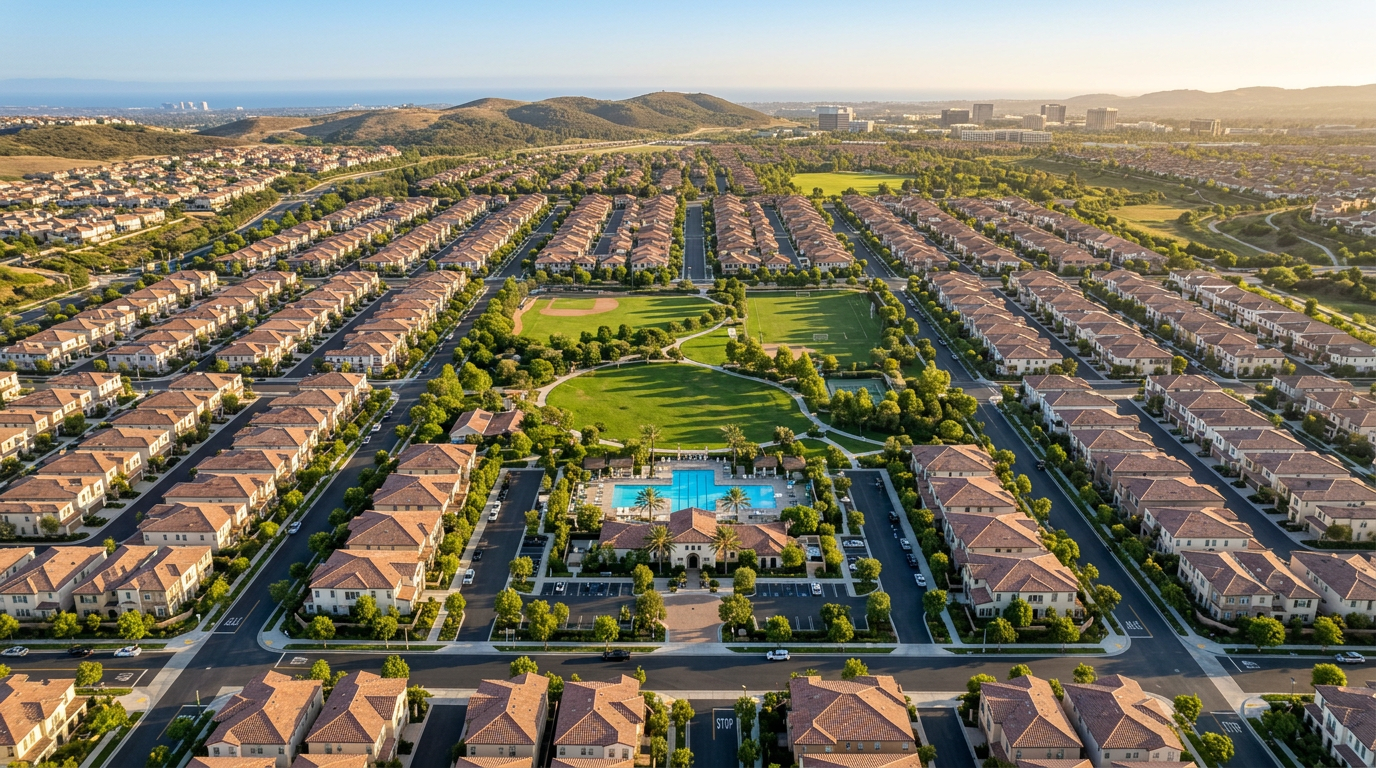 Góc nhìn từ trên cao của một khu dân cư quy hoạch tổng thể tại Irvine, California