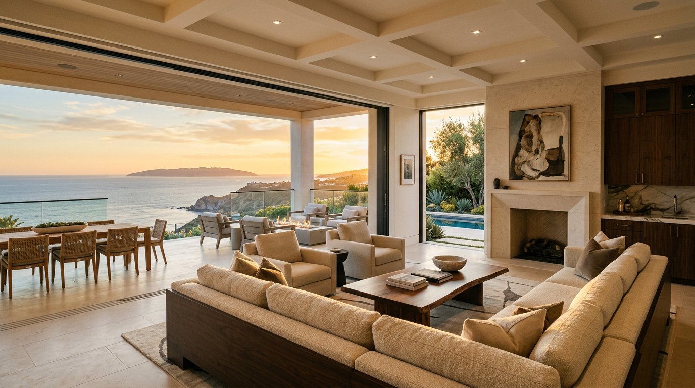 Coastal contemporary living room in Newport Coast with panoramic ocean views