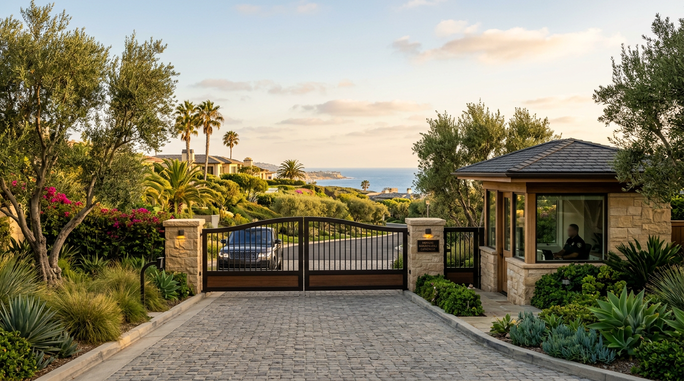 Private gated entrance to an exclusive luxury enclave in Corona del Mar