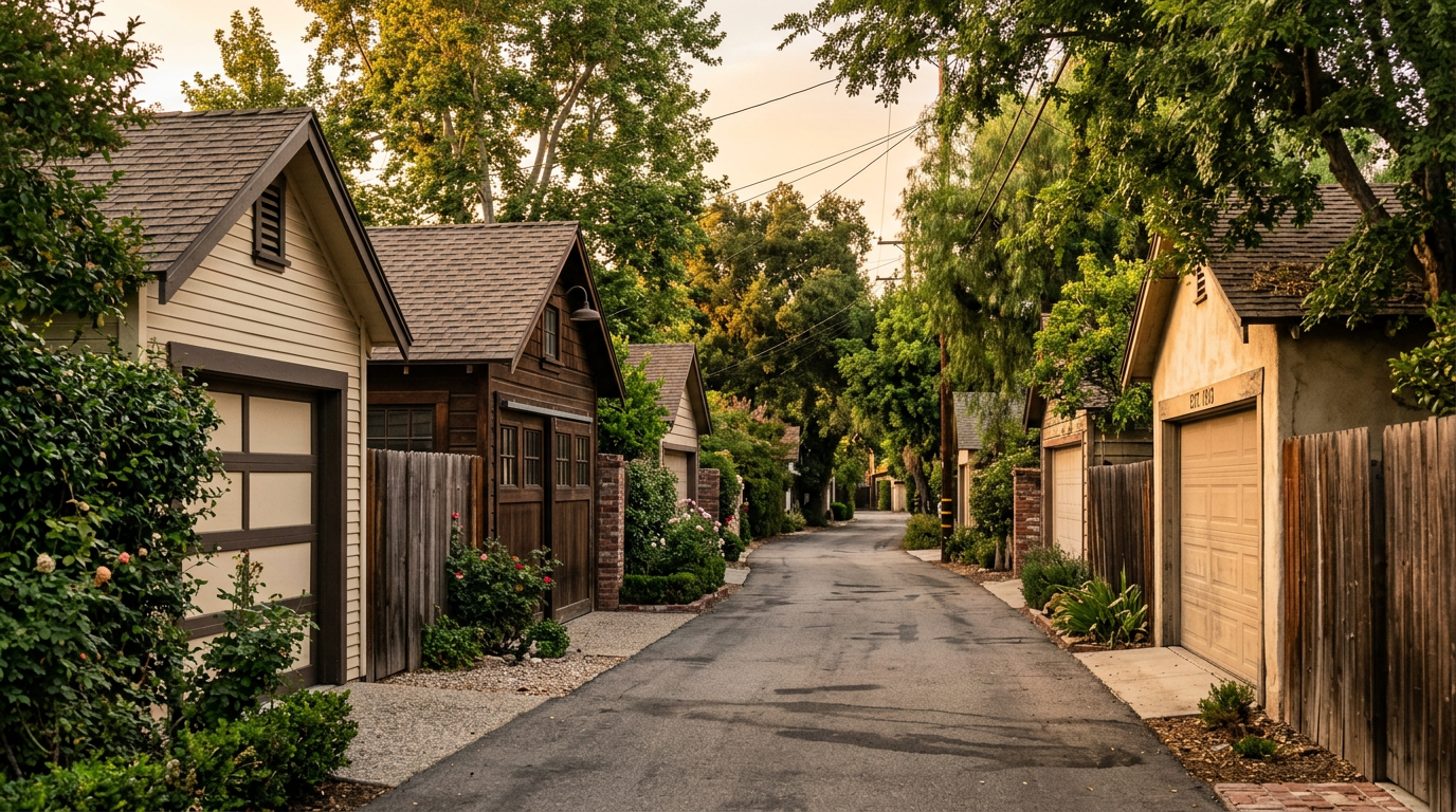Residential alleyway with historic carriage houses in Old Towne Orange