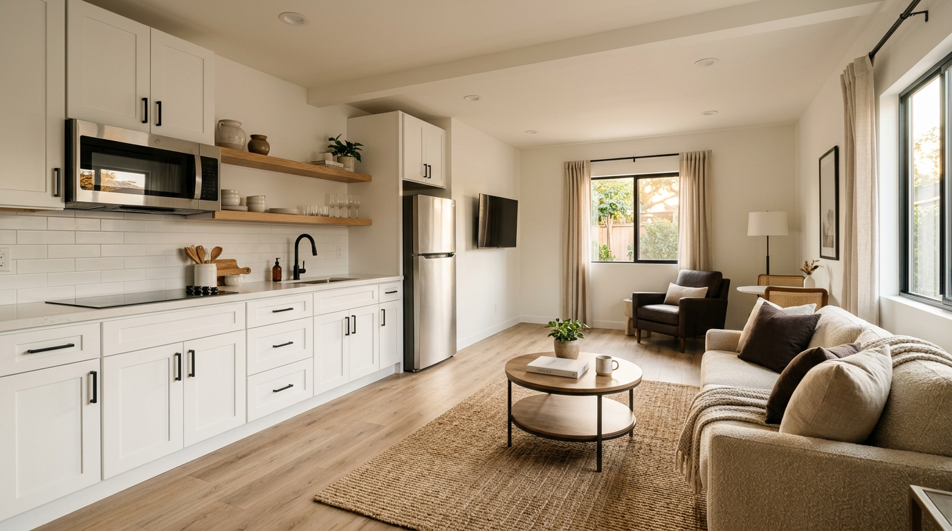 Interior of a completed garage conversion ADU in Orange County
