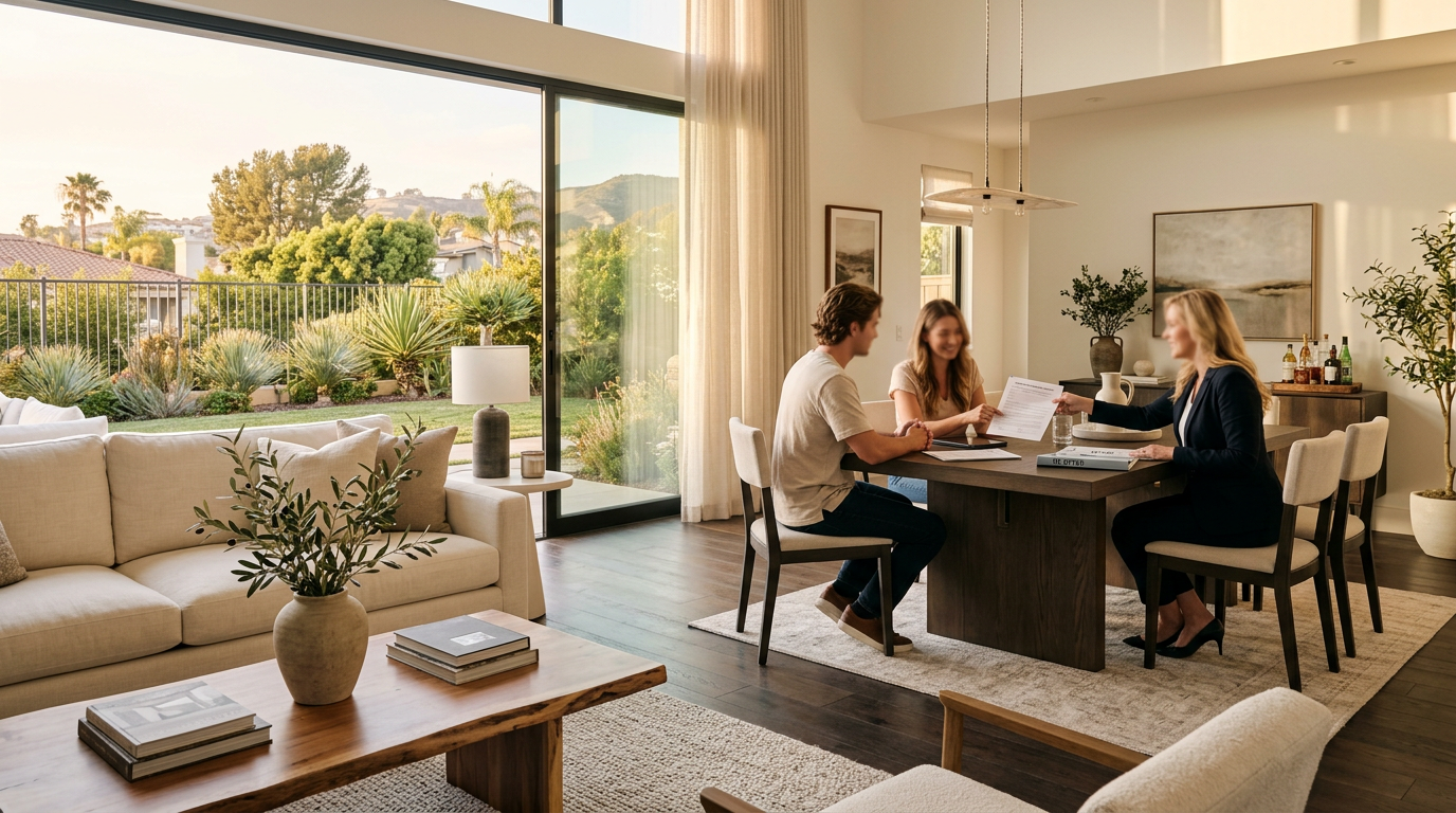 Buyers reviewing real estate documents with an agent in Orange County