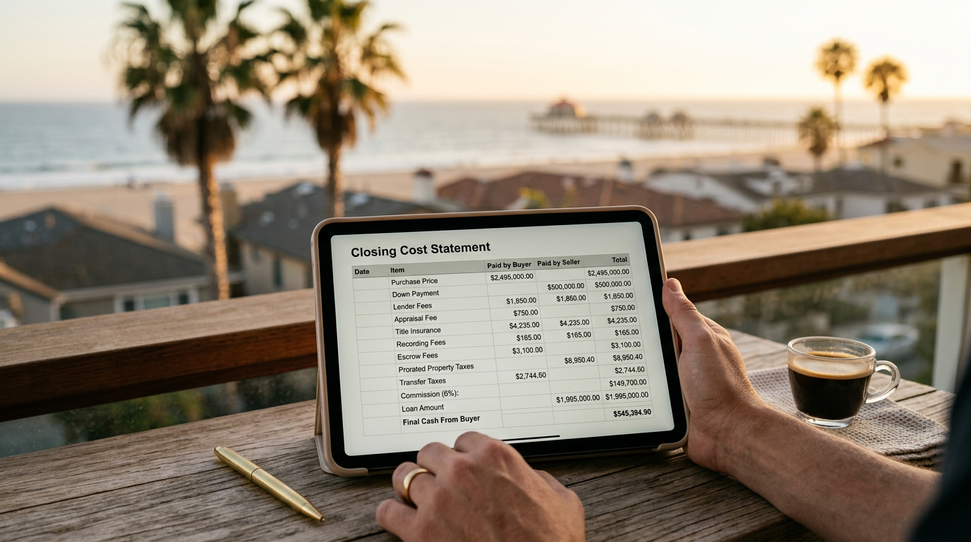 Máy tính bảng hiển thị bảng seller net sheet và phân tích chi tiết closing costs