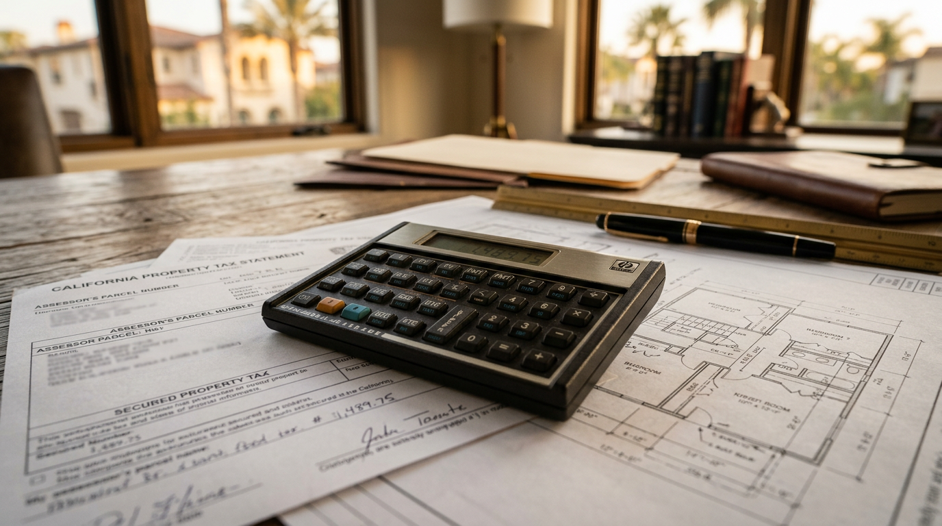 Calculator resting on property tax documents