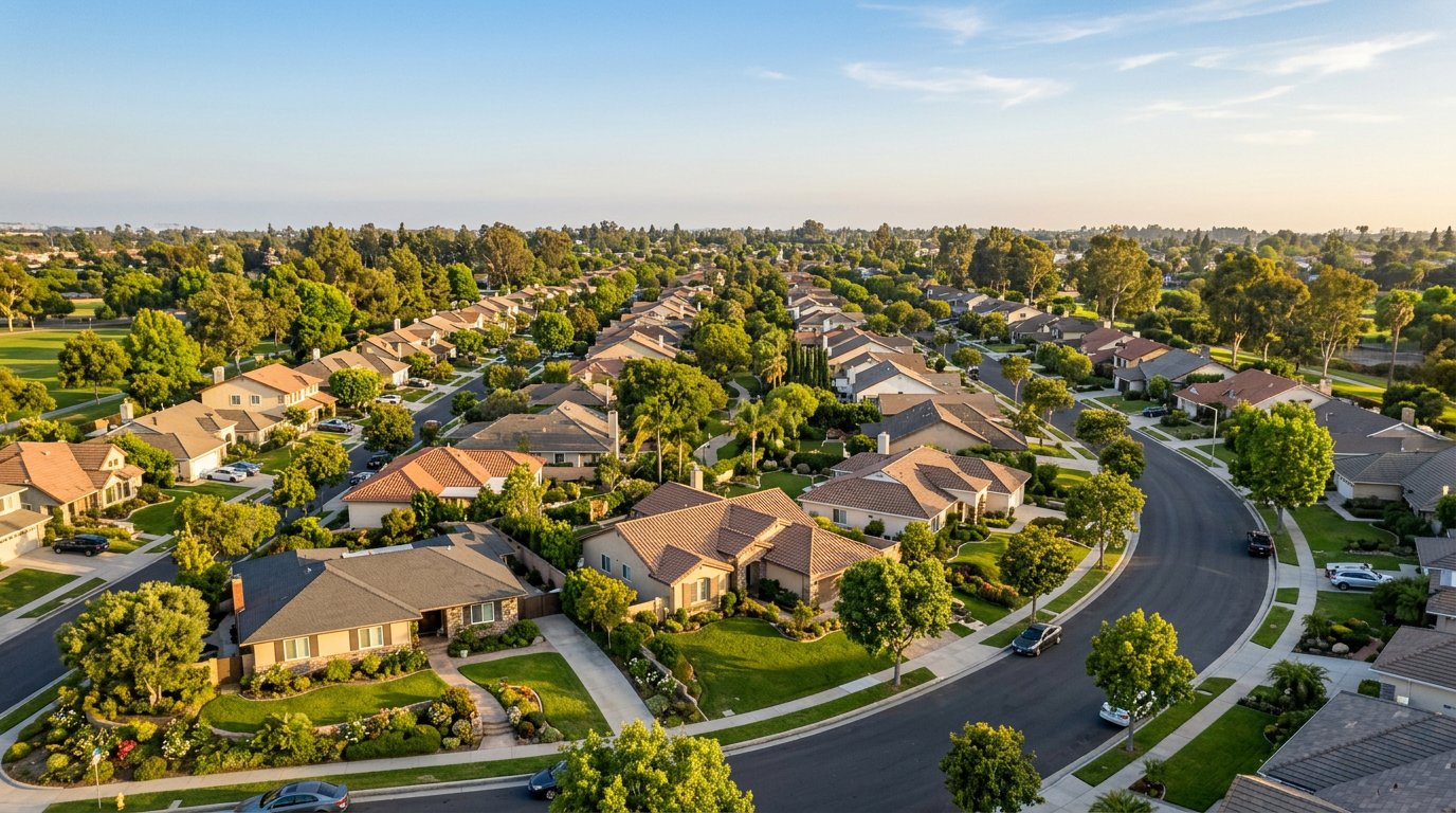 Aerial view of a single-story neighborhood in Fountain Valley, California