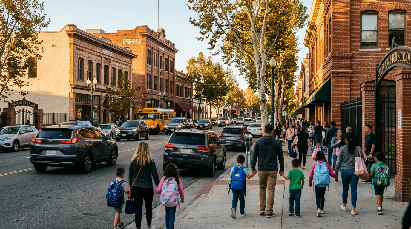 Parents walking children to school in Downtown Santa Ana