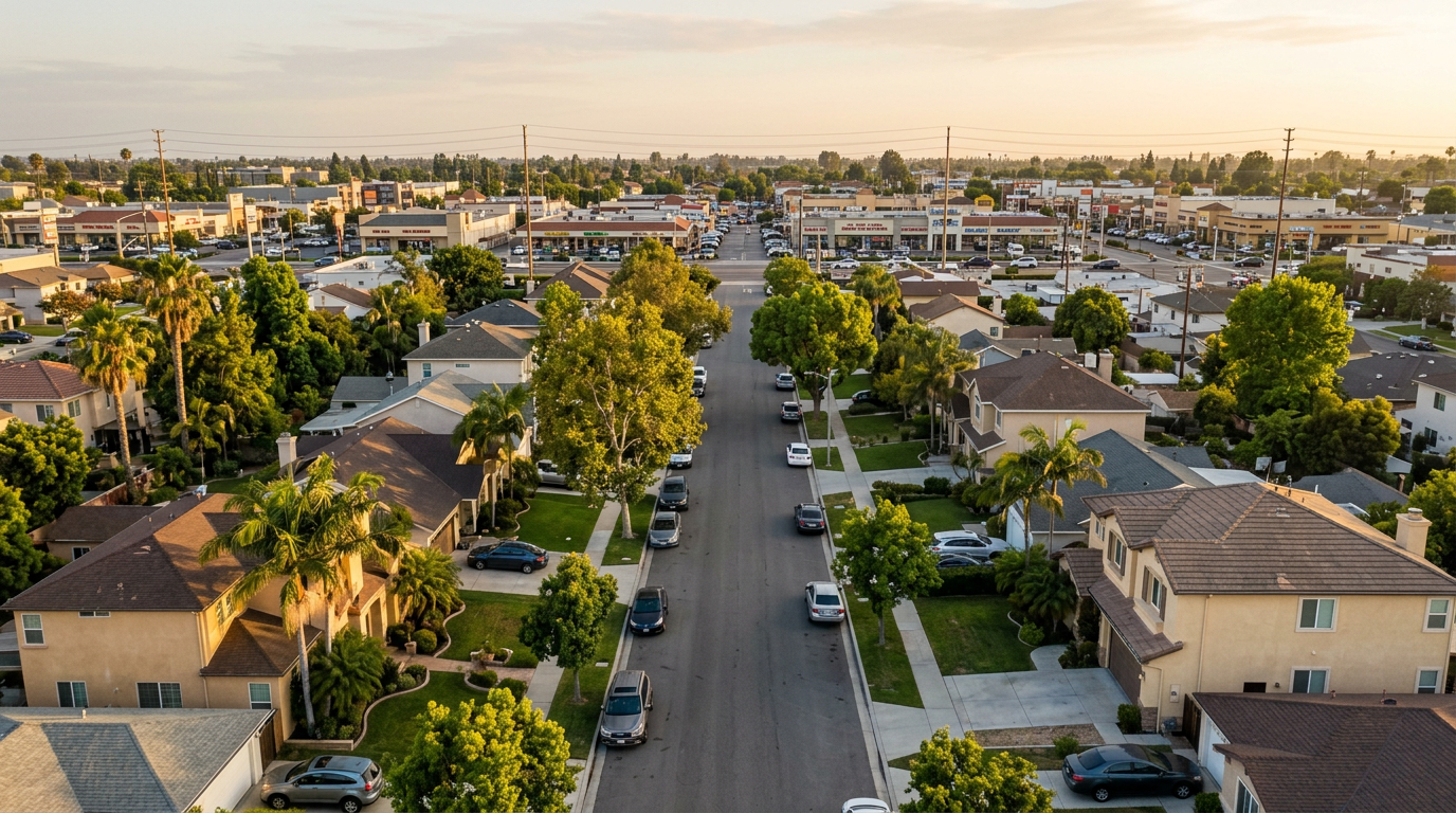 Aerial view of residential neighborhood in Little Saigon, Orange County