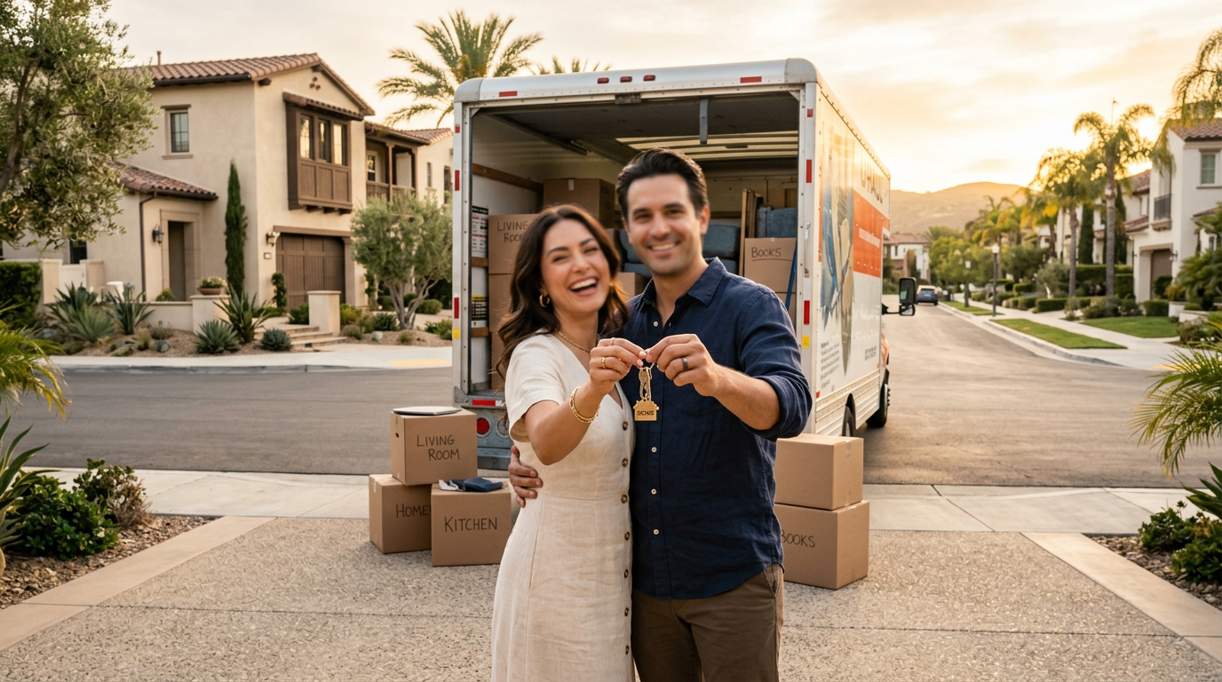 Happy buyers holding keys in front of a moving truck in Irvine